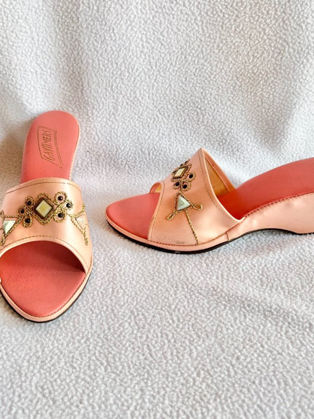 Vintage 1950s 1960s Peach Pink Beaded Wedge Mules Slippers